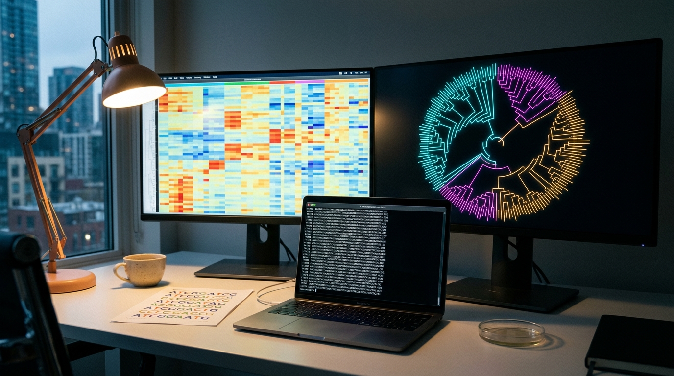 Bioinformatics workstation showing a colorful genomics heatmap on one monitor and a phylogenetic tree on another.