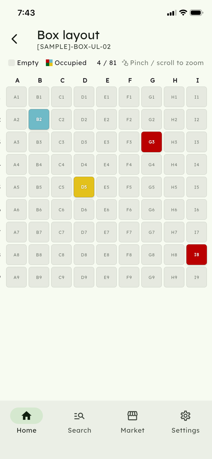 Microbank Marketplace app — box layout screen showing a 9×9 vial grid with occupied positions highlighted