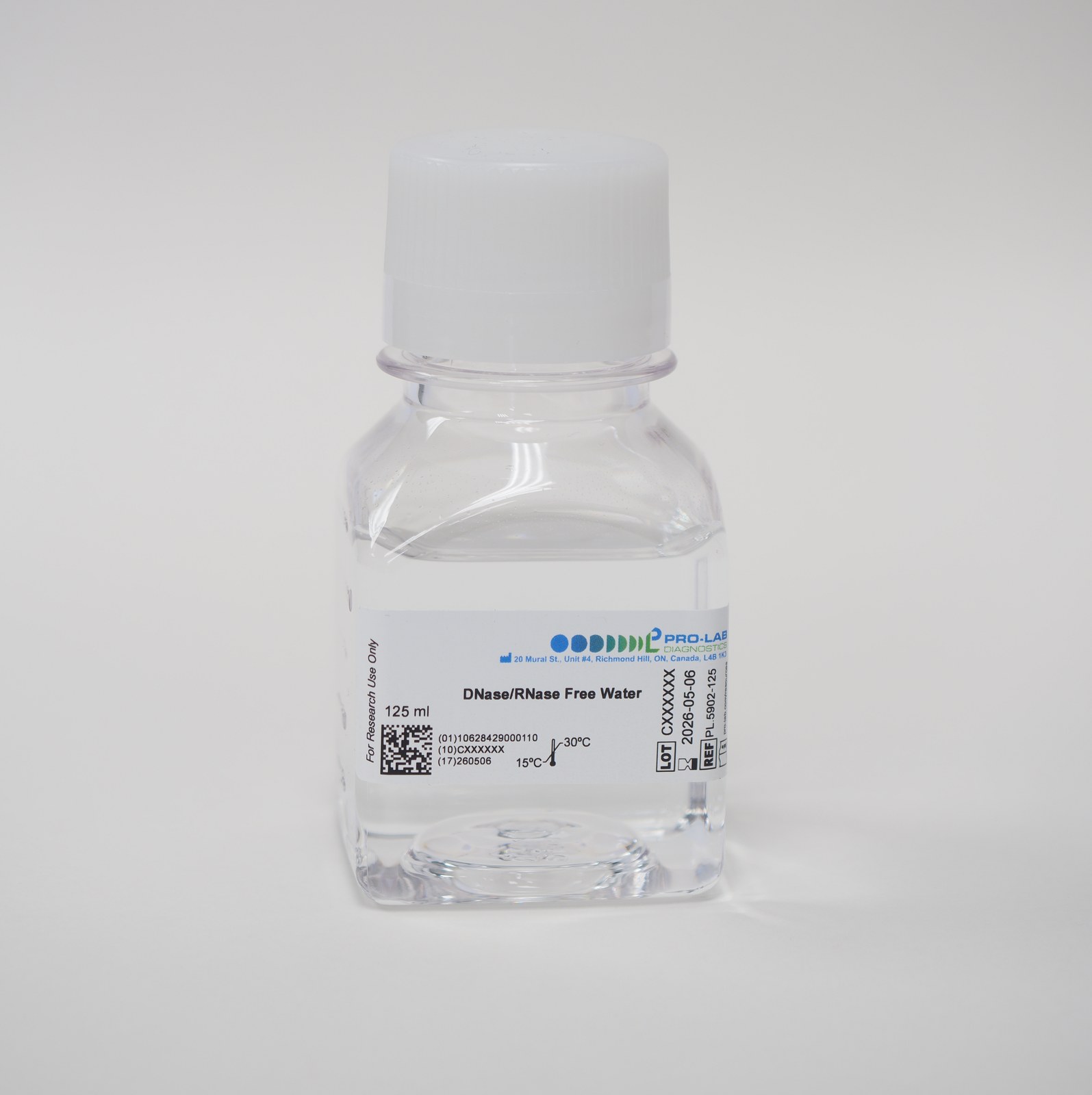 DNase/RNase Free Water — 1 L and 125 mL bottles shown for scale, Pro-Lab Diagnostics