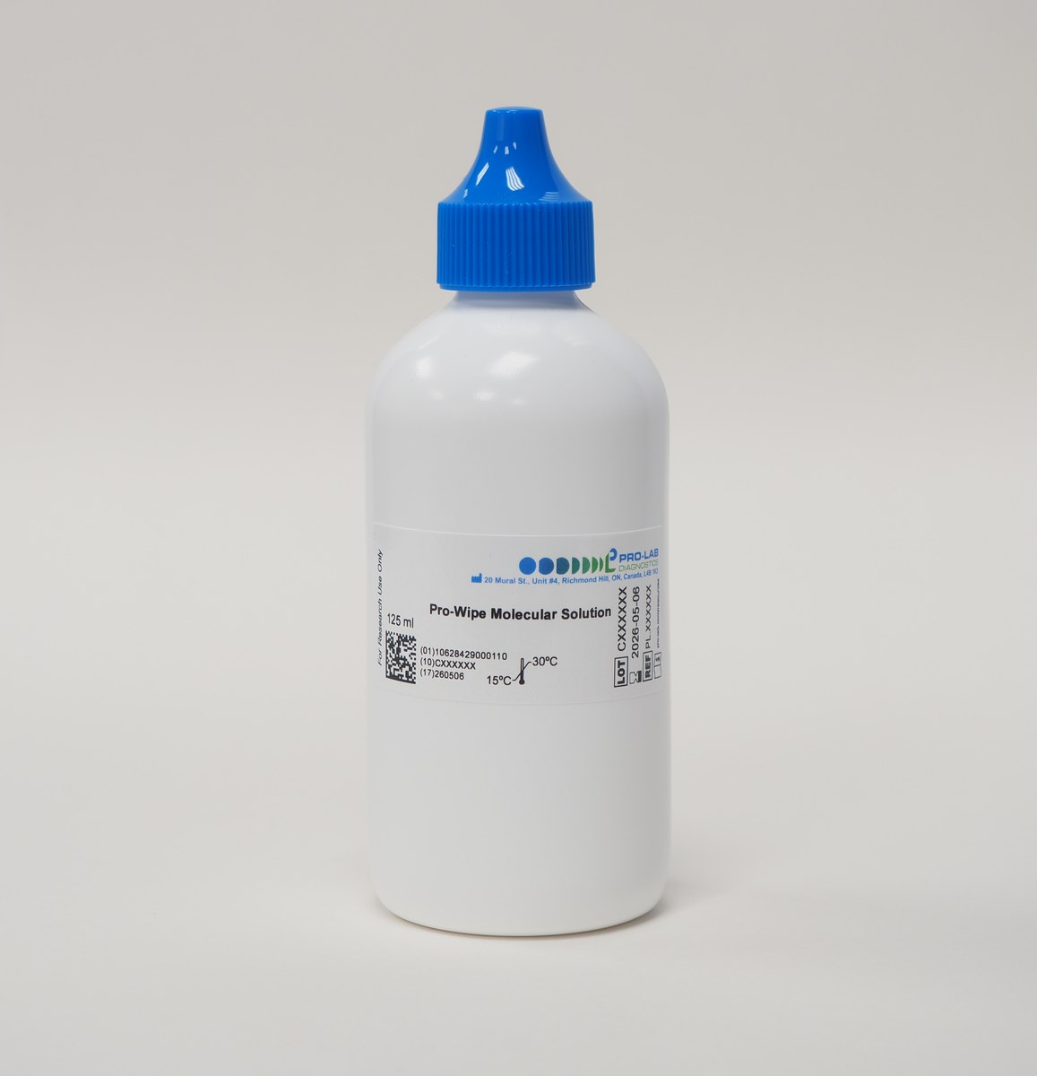 Pro-Wipe Molecular Solution 125 mL bottle, label detail — Pro-Lab Diagnostics